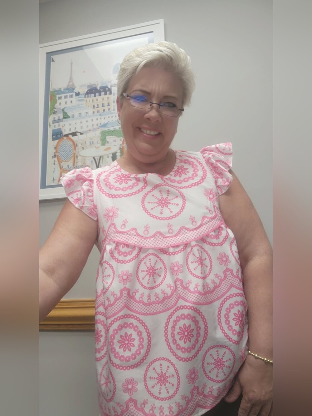 SHEIN White Tunic with Pink Embroidered Medallion Print